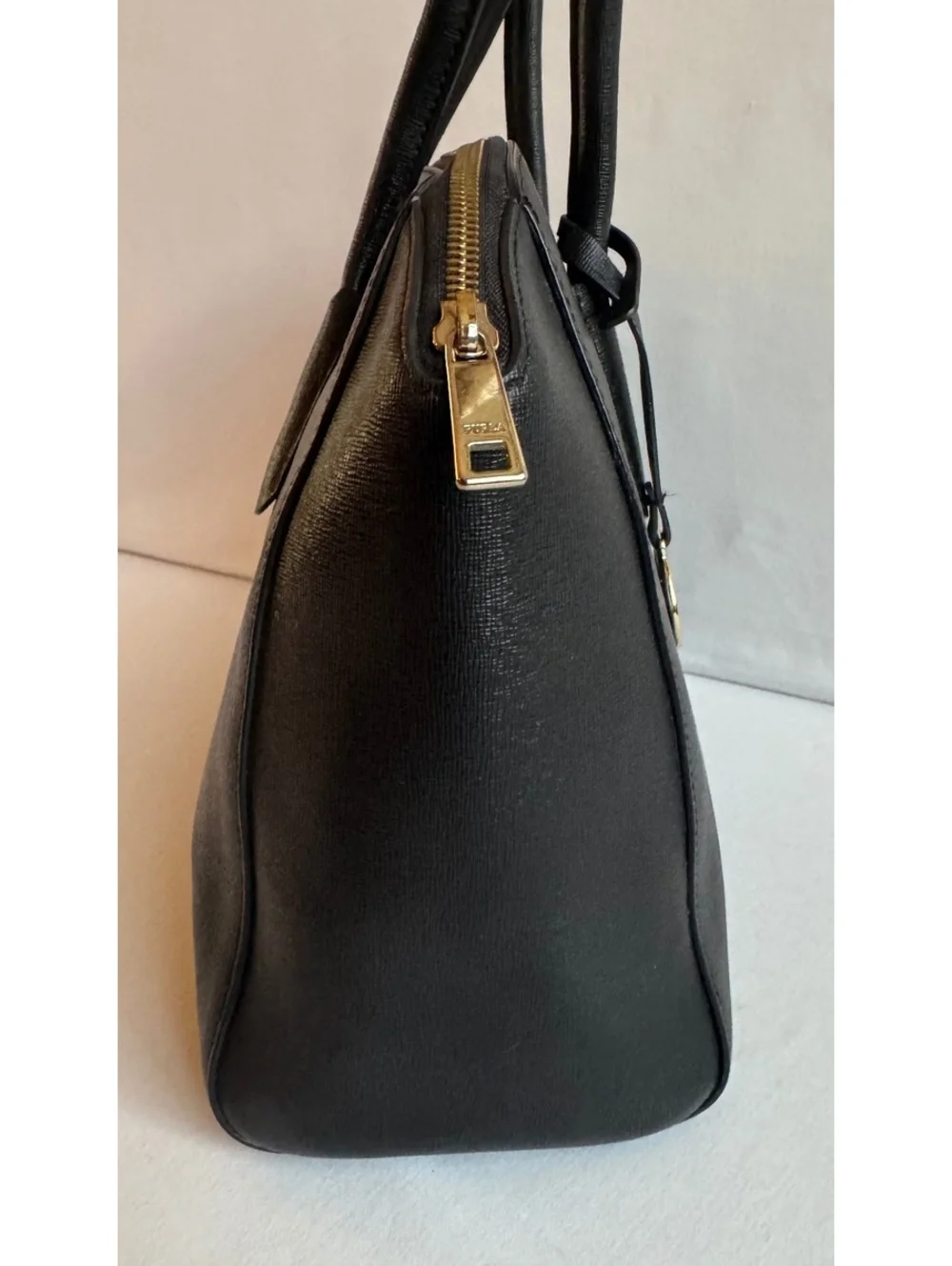 Furla Tessa Large Tote Black Saffiano Leather Gold F Charm Zip Top